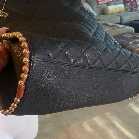 Big Buddha Black Quilted Shoulder Bag with Gold Bead Trim and Tan Edging - Picture 7 of 10